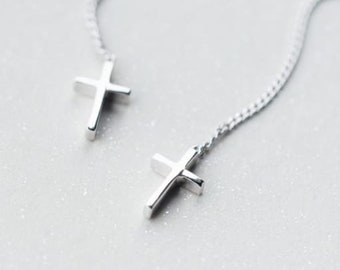 Sterling Silver Religious Cross Threader Earring | Drop Earrings | Minimalist Earrings | Christening Gift | Baptism Gift | Easter Gift