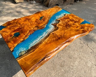 Combo 2 of Custom Wood Live Edge Ocean Epoxy Table for Fred Klages, 58''L x 40''W & 28''L x 28''W Handmade Ocean Dining and Coffee Table