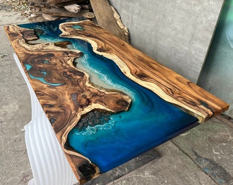 Personalized Ocean Resin Epoxy Table, Handmade Ocean Dining Table, Live Edge Ocean Epoxy Table, Ocean Style Epoxy Resin Table Top