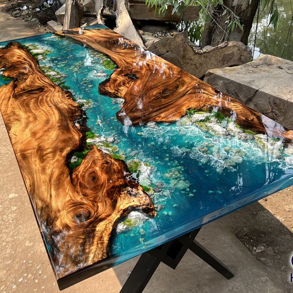 Customized Special Ocean Epoxy Resin Table, Handmade Live Edge Epoxy Resin Dining Table Top, Unique Dining Room Table, Living Room Table