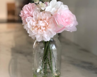 Lifelike Farmhouse Inspired Spring Floral Water Illusion Arrangement Centerpiece Bouquet in Mason Jar