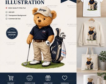 Chicago Golf Bear PNG | Preppy Teddy Golfer Design (Digital Download)