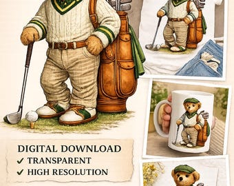 Preppy Golf Bear PNG, Sublimation Design (Digital Download