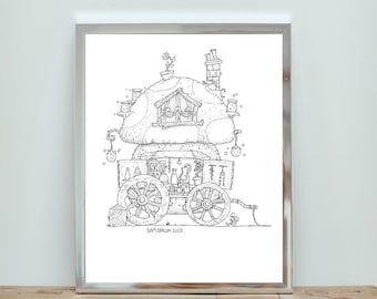 Mushroom Caravan | Digital Download, fantasy ink art, mushroom design, fantasy drawing, Sam deacon art, goblincore, witchy artwork