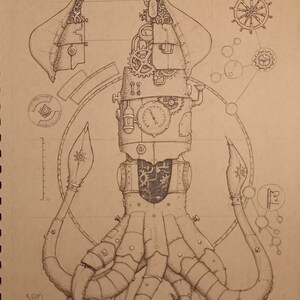 Peut inclure: Dessin au stylo et encre d'un calmar de style steampunk sur papier beige. Le calmar est composé d'engrenages, de rivets et de composants mécaniques. Le dessin comprend la signature de l'artiste et l'année 2021.