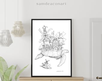 Turtletown | Digital Download, Fantasy art prints, turtle art design, fairytale art prints, ink illustration, whimsical art decor