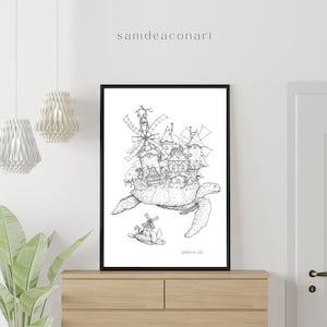 Turtletown | Digital Download, Fantasy art prints, turtle art design, fairytale art prints, ink illustration, whimsical art decor