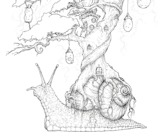 Snail Tree Fantasy Art | Digital Download | A4 ink drawing artwork, snails and geeky creatures mystic shrines and fantastic illustrations