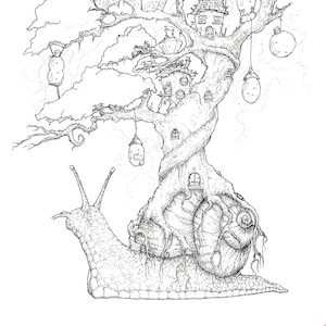 Snail Tree Fantasy Art | Digital Download | A4 ink drawing artwork, snails and geeky creatures mystic shrines and fantastic illustrations