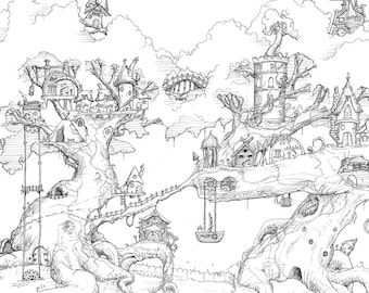 Twin Treehouse Community | A4 Print | Fantasy Treehouse ink drawing, home for pixies, gnomes and fairies !