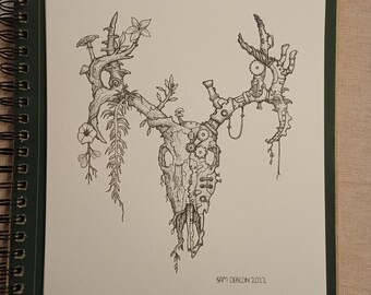Deer Skull (nature/steampunk) | A4 Print | fantasy art, skull design, animal spirit, nature art print, stag antlers , steampunk animals