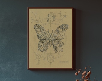 May include: A black and white illustration of a steampunk butterfly with intricate gears and cogs. The butterfly is surrounded by a circle of gears and other mechanical elements. The text "SAM BENSON 2021" is in the bottom right corner of the image. The image is titled "DREAMPUNK BUTTERFLY".