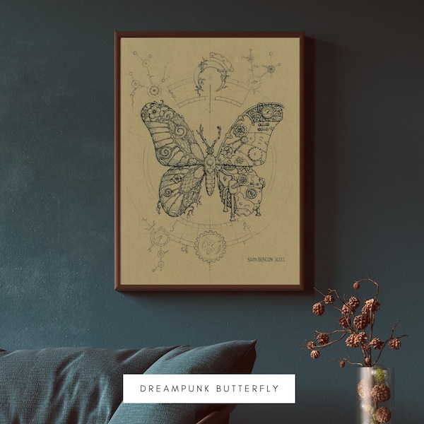 Dreampunk Butterfly | Digital Download, steampunk artwork print, butterfly drawing, fantasy nature art, samdeaconart, steampunk animals