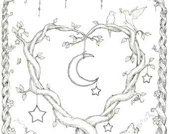 Tree of Love| Digital Download | Valentines card for her or him Fantasy ink drawing artwork, Fantasy Tree fairytale love story any gender