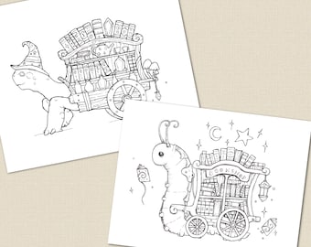 Bookworm + Snail Wagon Set 3 | digital download Print snail artwork, book lover gift, Ink illustration by Sam Deacon Art