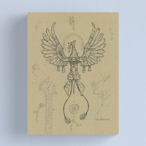 May include: A black and white line drawing of a stylized phoenix with intricate details. The phoenix is surrounded by geometric shapes and lines, creating a sense of movement and energy. The drawing is on a beige background and includes the text "Sam Deacon 2023".