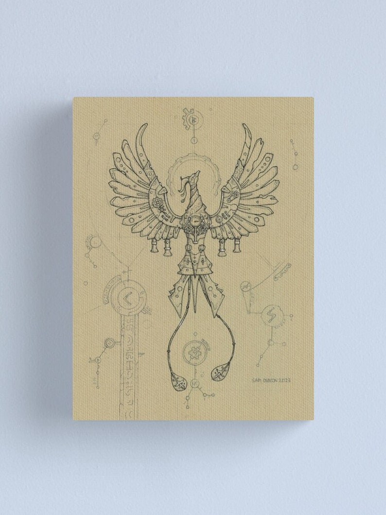 May include: A black and white line drawing of a stylized phoenix with intricate details. The phoenix is surrounded by geometric shapes and lines, creating a sense of movement and energy. The drawing is on a beige background and includes the text "Sam Deacon 2023".