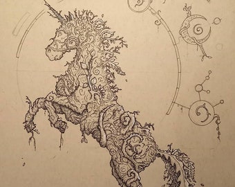 Unithorn | A4 Print, Unicorn art prints, unicorns, fantasy art print, nature design, mystic design, ink art print, mythological creatures