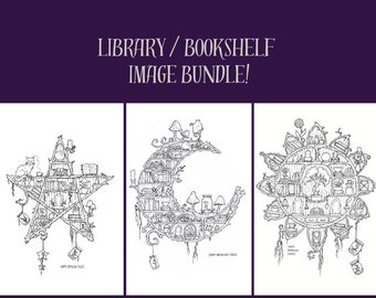 Digital IMAGE BUNDLE - Star, Moon and Sun Library Designs | witchy design, cottagecore, fantasy art, bookworm, book lover, fantasy art print