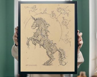 May include: A black and white line drawing of a unicorn with a detailed, intricate design. The unicorn is made up of swirling lines and patterns that resemble branches and leaves. The drawing is framed in a black frame and has the text "SAM DE BLON 2022" in the bottom left corner.