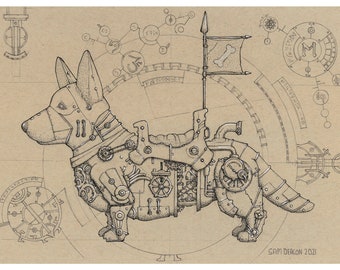 Steampunk Corgi | Digital Download, Steampunk Art Prints, Clockwork Animals, Dog Design, Animal Art Prints, fantasy Artwork