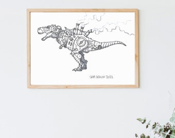 Steampunk t-rex | A4 Print, Steampunk art prints, dinosaur prints, dinosaur gifts, trext art, dinosaur art print, steampunk decor, ink art