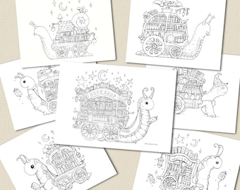 Bookworm Trader MEGA BUNDLE | Digital download bundle, colouring pages, snail design, tortoise art, ink illustrations by Sam Deacon Art