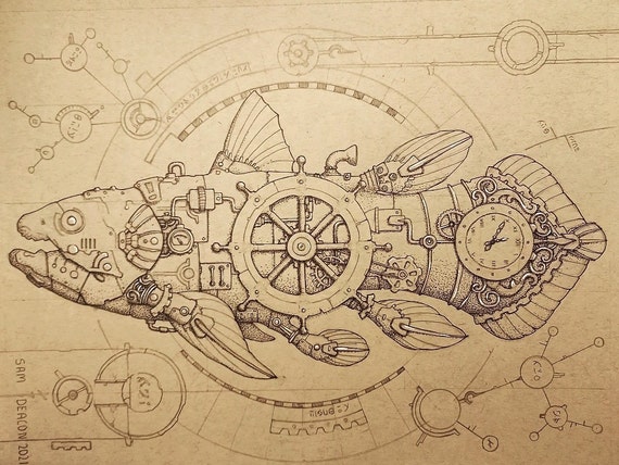 Stempunk Fish | A4 Print, Coelacanth, fish design print, steampunk artwork print, ink illustration, clockwork animals design, fish artwork