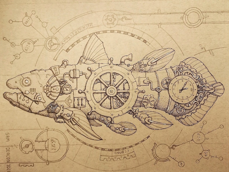 May include: A detailed line drawing of a steampunk fish with intricate gears, clockwork, and a clock face. The fish is surrounded by a circular design with numbers and other mechanical elements.