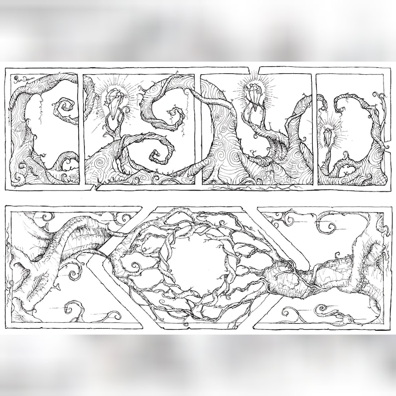 May include: Black and white pen and ink illustration featuring the word "SEED" formed by stylized tree branches. The artwork includes intricate details of swirling patterns and a central circular design.