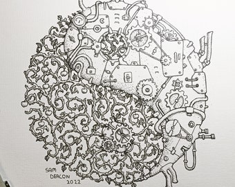 Dreampunk yinyang | A4 square print, steampunk art print, yin Yang design, ink drawing print, Sam Deacon art steampunk