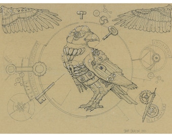 May include: Detailed steampunk-style illustration of a raven with mechanical components, gears, and wings. The artwork features a key, cogs, and other technical elements, all rendered in a sepia-toned color palette. The artist's signature is visible.