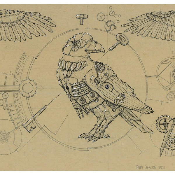 Steampunk Raven / stampa A4, stampe di opere d'arte Steampunk, opere d'arte animali, design corvo, arazzi fantasy, animali meccanici, arte degli uccelli