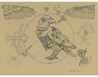 Clockwork Raven | Digital download, steampunk art print, raven art, bird art prints, tattoo design prints, ink drawing prints, fantasy art