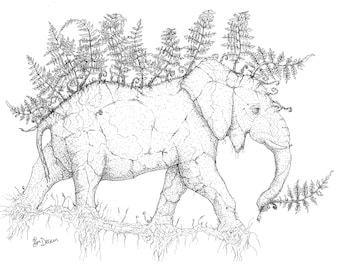 Elephern | A4 Print | Natural Fantasy Elephant ink illustration, endangered animal artwork homemade traditional fantasy natural animals
