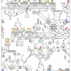 Elves Workshop| Digital Download | Christmas Fantasy Santa&#39;s Workshop - Fun and whimsical fairytale ink drawing
