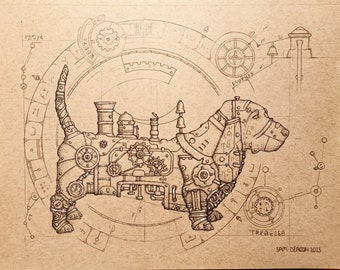 Steampunk Basset Hound | A4 print, steampunk art prints, Bassett art, steampunk design, dog art prints, steampunk animal art prints