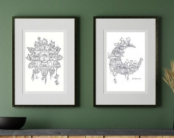 Sun + Moon Libraries | Digital Download, fantasy art print, witchy design, cottagecore art, adult colouring pages, coloring book