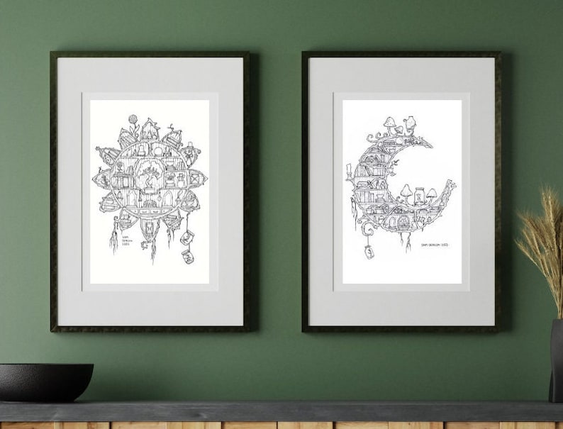 Sun + Moon Libraries | Digital Download, Fantasy Art Print, Witchy ...