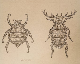 Bookbugs | A4 print, insect art print, filigree design, bookworm art print, clockwork animals, book lover art print, nature lover. Magical