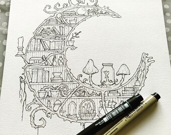 Moon Library - A4 Print + Free colouring page | fantasy art, cottagecore art, witchy design, ink illustration, colouring page