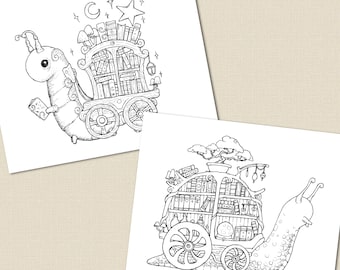Snail +  Bookworm Wagon Set 2 | digital download Print snail artwork, book lover gift, Ink illustration by Sam Deacon Art