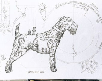 Steampunk Wire Fox Terrier | A4 Print | dog art, steampunk art print, Sam deacon art, dog art print, steampunk design, dog design, dog lover