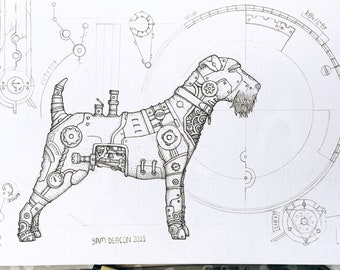 Steampunk Wire Fox Terrier | A4 Print | dog art, steampunk art print, Sam deacon art, dog art print, steampunk design, dog design, dog lover