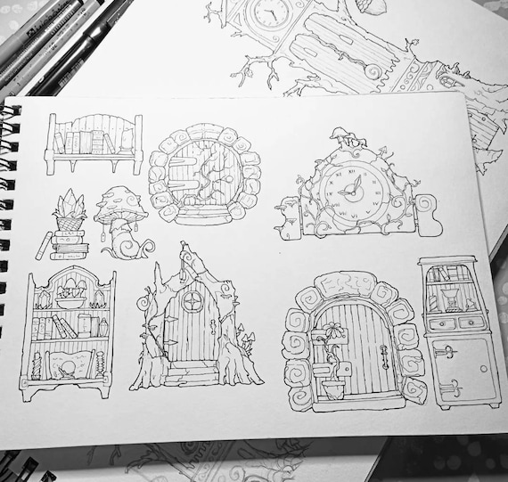 Witchy Colouring page 1 - COLOURING PAGE BUNDLE | digital download, witchy art, adult colouring page, cottagecore, grandfather clock, ink