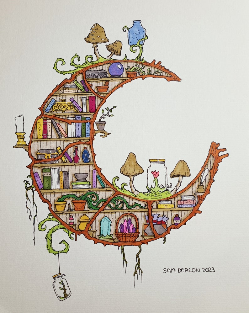 May include: A detailed watercolour illustration of a crescent moon-shaped bookshelf, filled with books, jars, and plants. The design includes mushrooms and vines. A candle and a hanging jar are also present. The artist's signature and the year 2023 are visible.