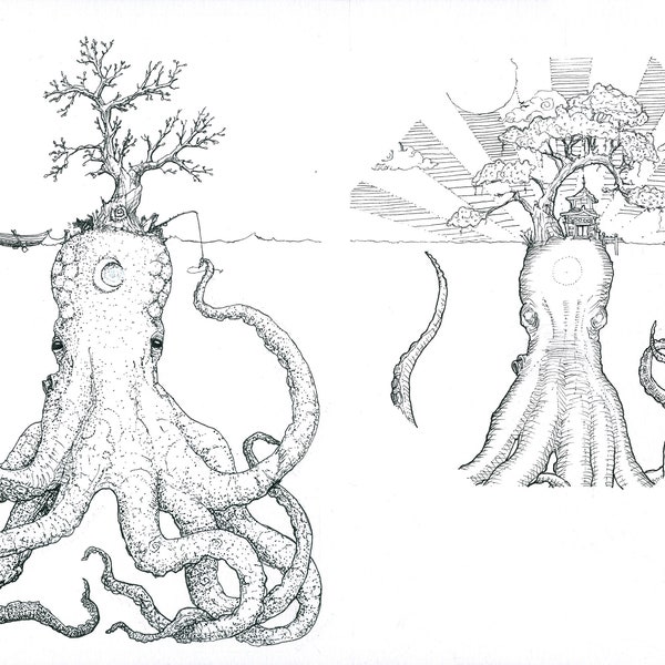 Kraken Islands | Digital Download | Fantasy Octopus ink drawing (or Kraken Tattoo Design)