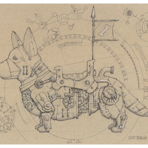 May include: A detailed black and white illustration of a dog wearing steampunk-style armour and riding a mechanical contraption. The dog is wearing a helmet with a muzzle and has a bone flag attached to the contraption. The illustration is surrounded by various gears and other mechanical elements.