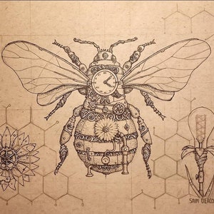 Steampunk Bumblebee | A4 print, bee art print, bee design, steampunk art print, clockwork animals, clockwork art print, nature lover.