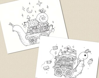 Snail +  Bookworm Wagon Set 1 | digital download Print Colouring Page, Ink illustration by Sam Deacon Art